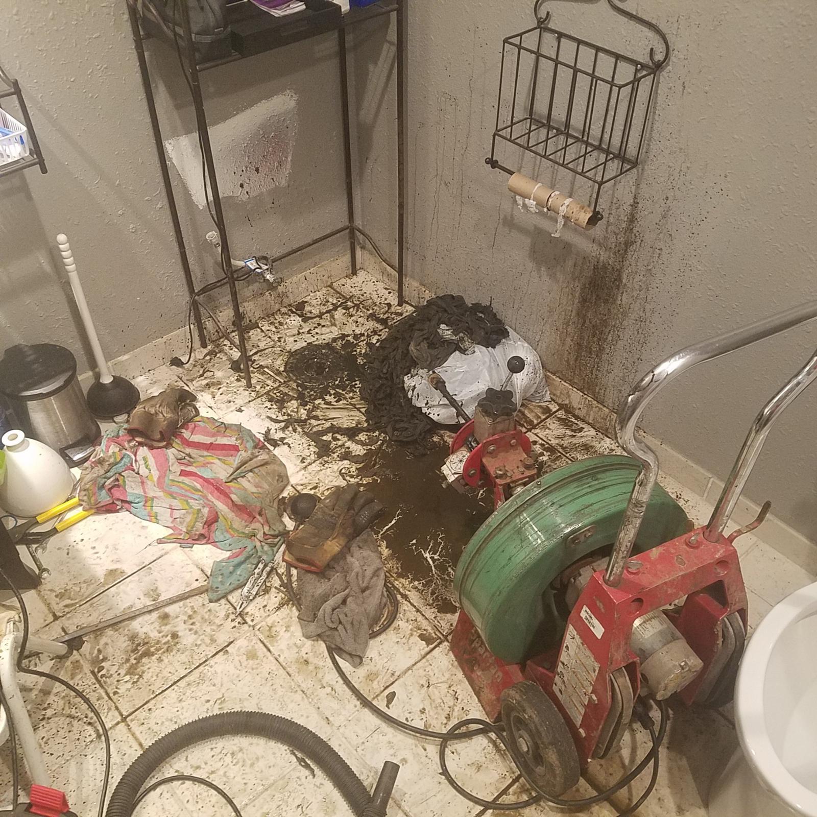 This was the worst sewer auger job I ever did. It was in NEWLY REMODELED basement bathroom. New paint, new tile, new everything. Unfortunately it wasn\'t new after I left. But there was no avoiding it because I had to run that auger down the sewer 7 TIMES!!! As you can see in the photo, I brought up enough 